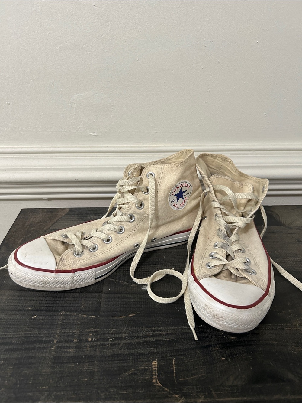Converse Mens 9 Beige High-Top Canvas Sneakers with Red Trim